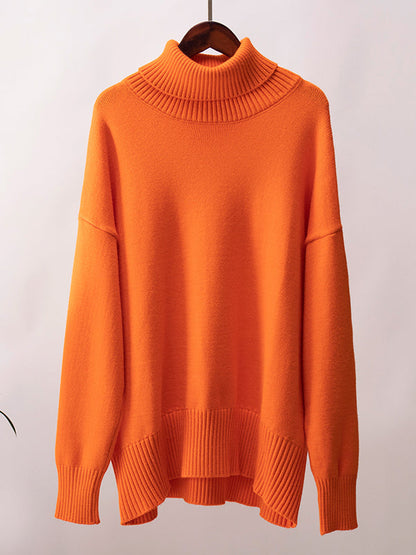 High-Low Long Sleeves Solid Color Split-Joint High Neck Sweater Tops