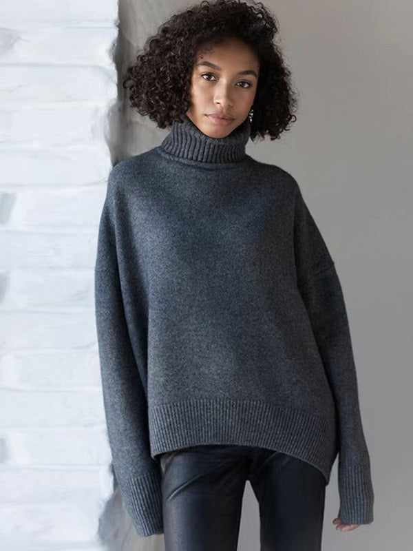Casual Long Sleeves Loose Solid Color High-Neck Sweater Tops DEEP GRAY