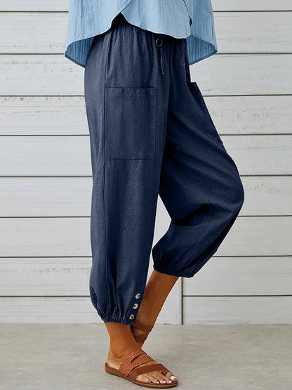 High Waisted Loose Buttoned Drawstring Elasticity Pockets Split-Joint Ninth Pants Trousers