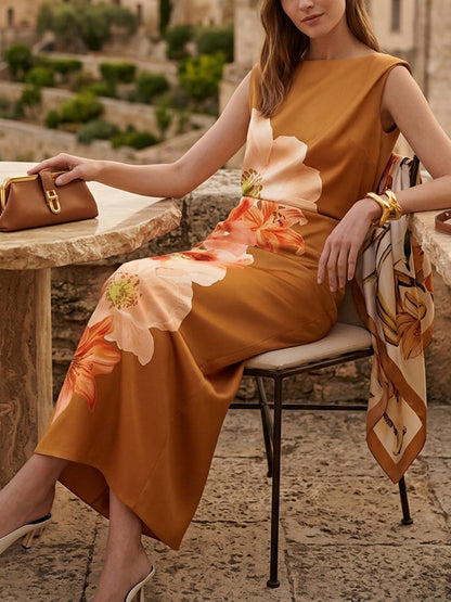 Sleeveless Flower Print Round-Neck Maxi Dresses