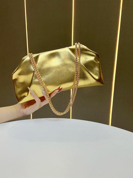 Chains Pleated Solid Color Zipper Evening Bags & Clutches Shoulder Bags