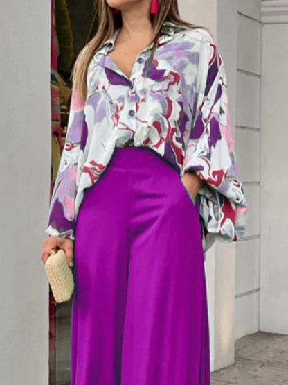 Original Contrast Color Blouse&Solid Wide Legs Pants 2 Pieces Set