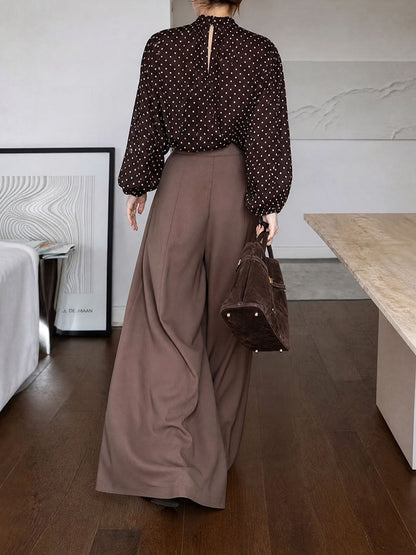 Solid Color Pockets Pleated Wide Leg High Waisted Trousers Pants