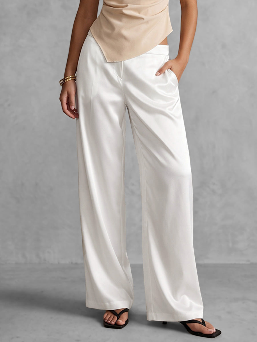 High Waisted Loose Pockets Solid Color Zipper Pants Trousers