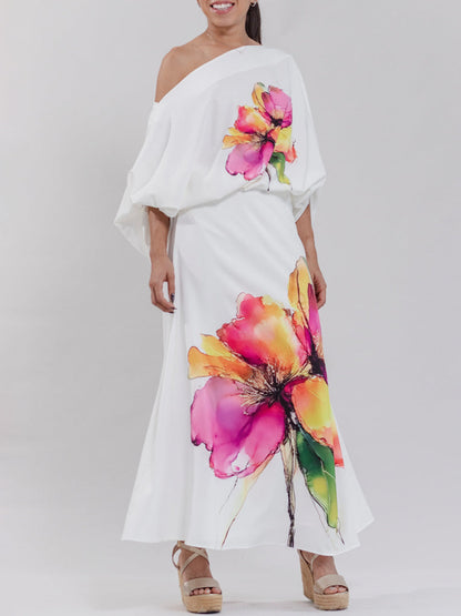 High Waisted Loose Contrast Color Flower Print Zipper Skirts