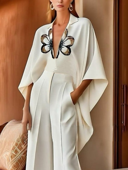 Batwing Sleeves High-Low Flower Print V-Neck Blouses&Shirts Tops