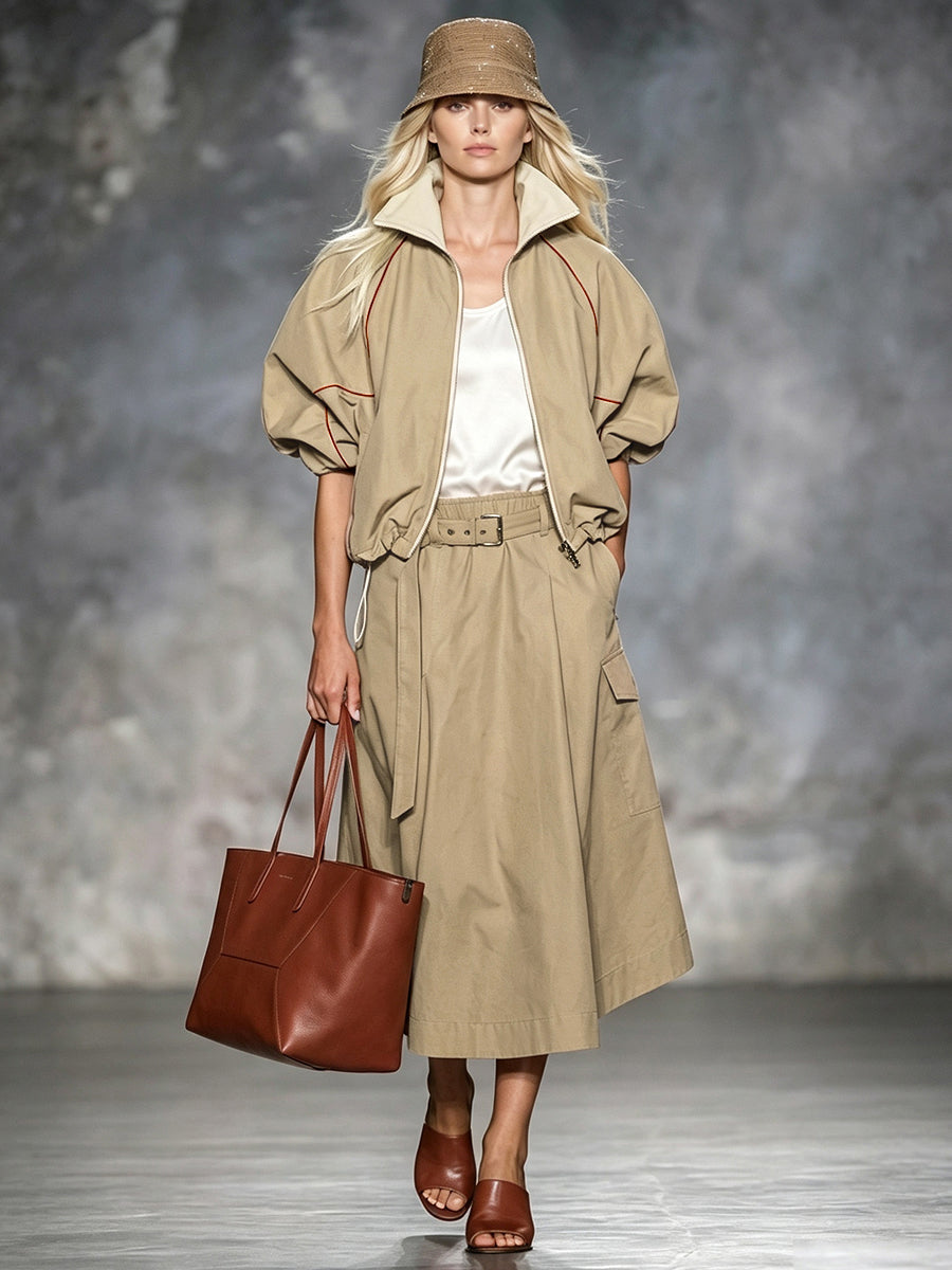 Zipper Drawstring Contrast Color Loose Half Sleeves Lapel Outerwear