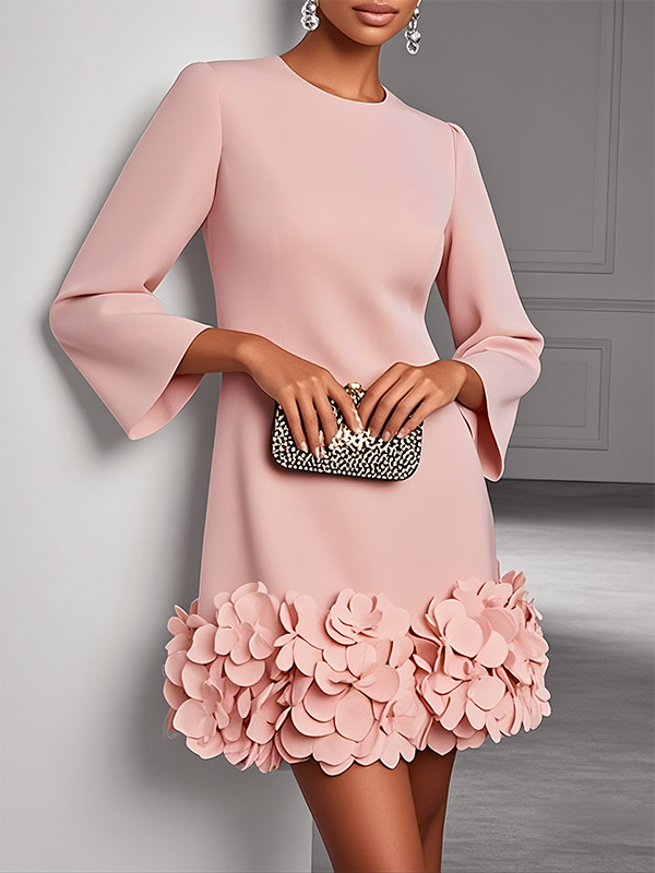 Long Sleeves Solid Color Three-Dimensional Flower Round-Neck Mini Dresses
