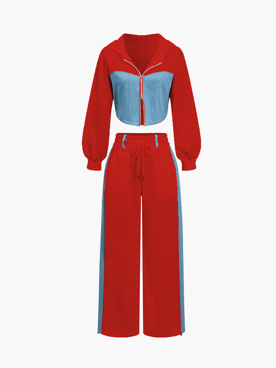 Contrast Color Split-Joint Hooded Cropped Long Sleeves Hoodies&Sweatshirt Outerwear + Drawstring Elasticity Zipper Pants Trousers Two Pieces Set