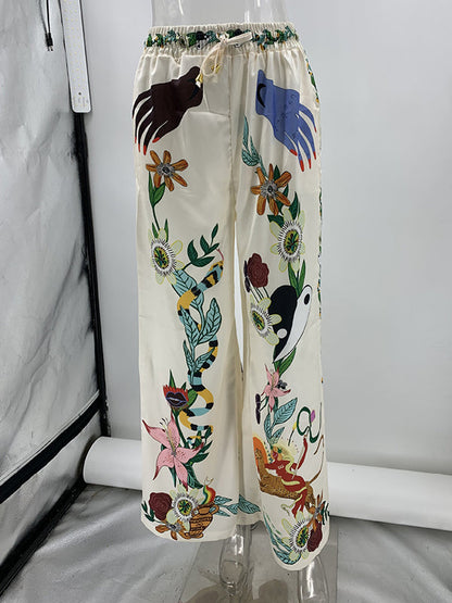 Half Sleeves Loose Buttoned Flower Print Pockets Lapel T-Shirt Top + Drawstring Elasticity Pants Bottom Two Pieces Set
