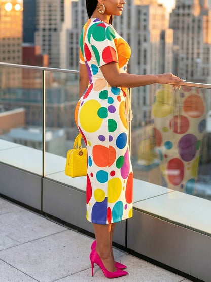 Bodycon Short Sleeves Colorful Contrast Color Polka Dot Split-Back Split-Joint Tied Round-Neck Midi Dresses