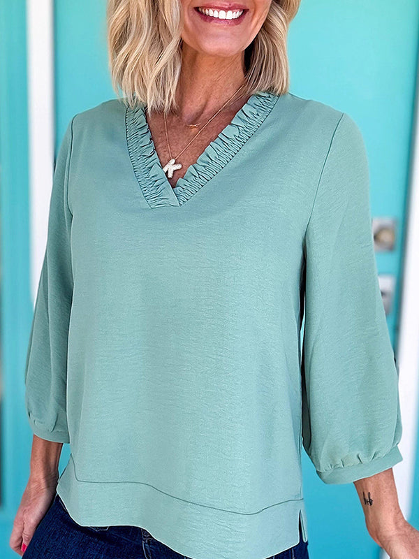 Long Sleeves Loose Pleated Solid Color V-Neck Blouses&Shirts Tops