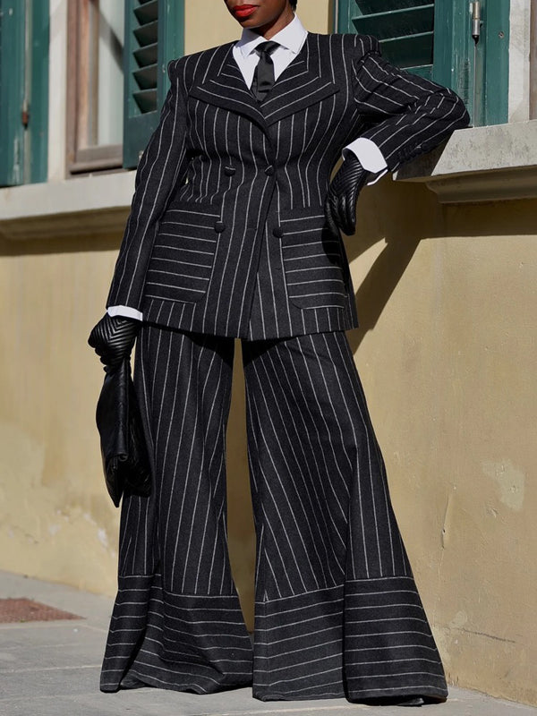 Loose Wide Leg Contrast Color Pockets Striped Pants Trousers