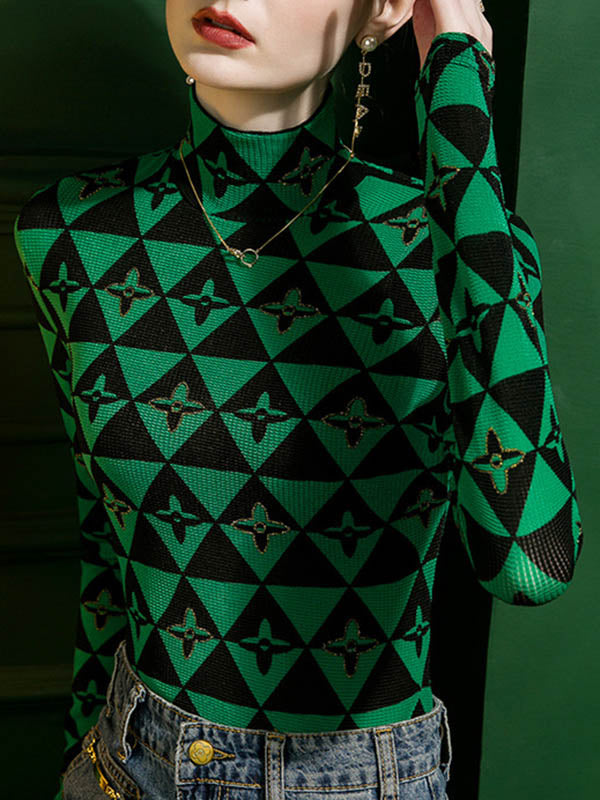 Long Sleeves Skinny Bronzing Contrast Color High Neck T-Shirts Tops