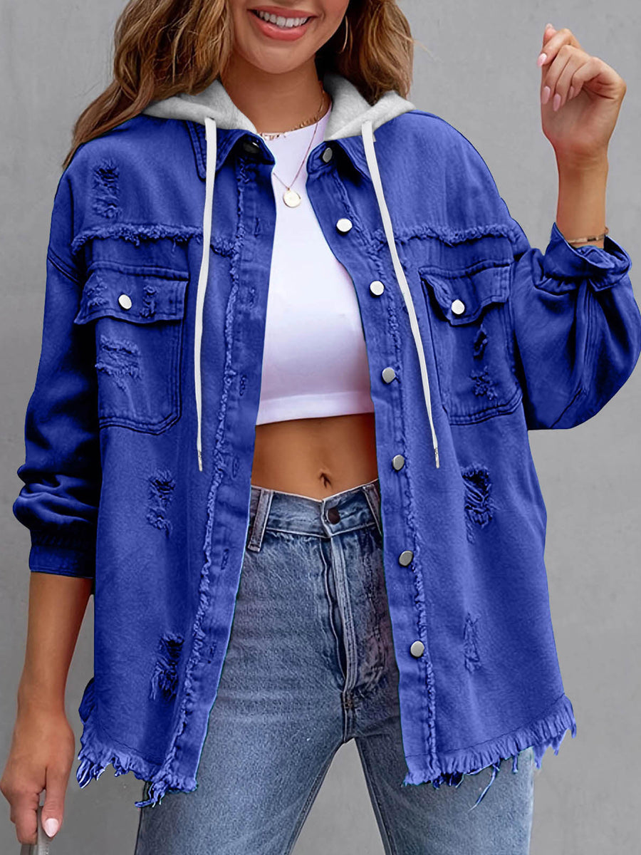 Split-Joint Pockets Fringed Buttoned Loose Long Sleeves Hooded Outerwear