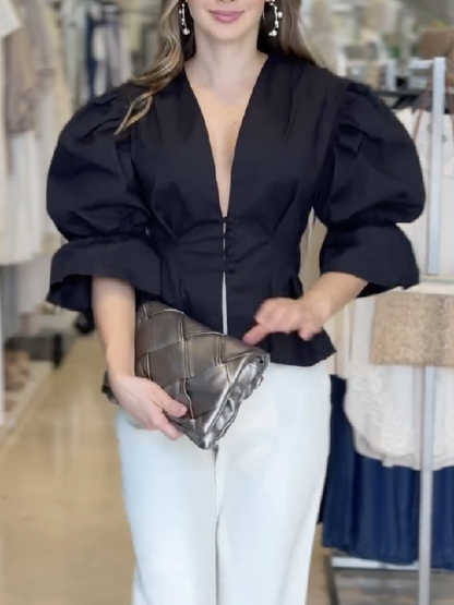 High-Low Puff Sleeves Asymmetric Buttoned Solid Color Deep V-Neck Blouses&Shirts Tops