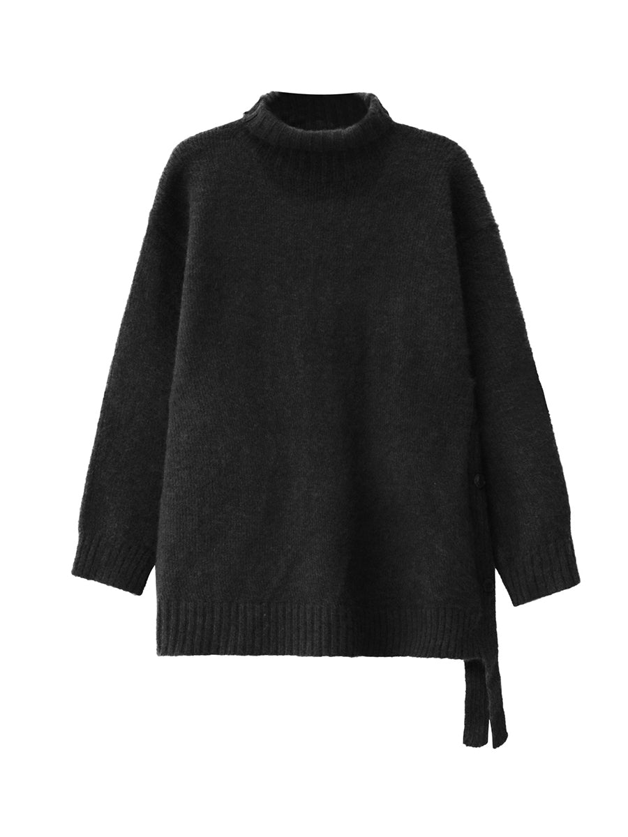 Irregularity Long Sleeves Buttoned Ribs Solid Color Split-Joint High Neck Sweater Tops