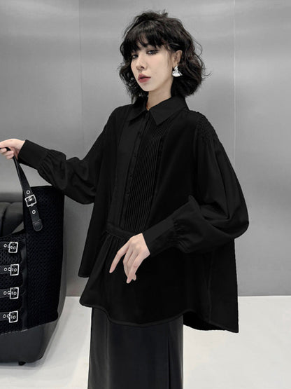 Long Sleeves Loose Buttoned Pleated Solid Color Polo Blouses&Shirts Tops
