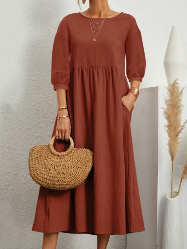 Robe mi-longue unie à col rond et simple, 11 couleurs 