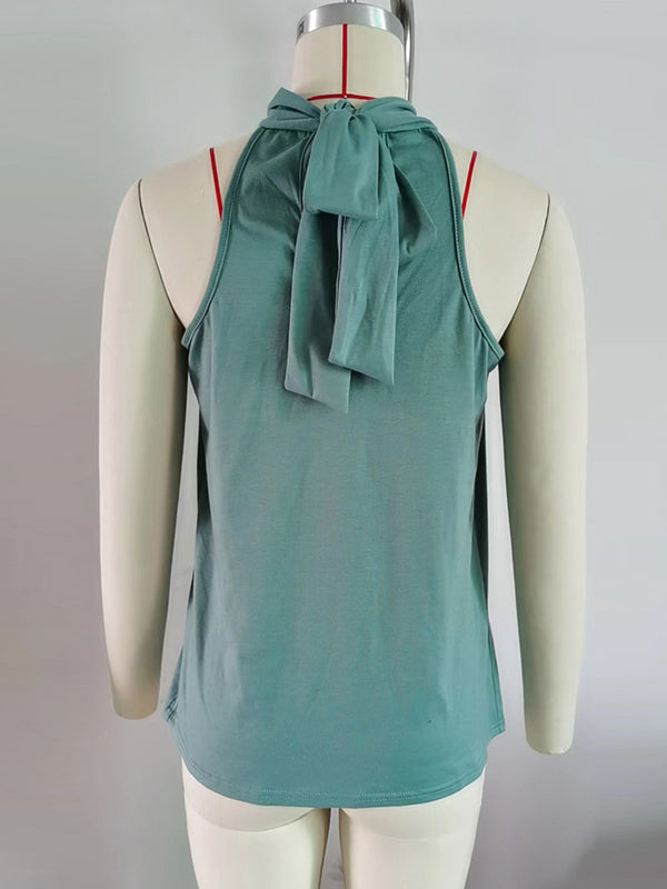 Loose Sleeveless Bow-Embellished Solid Color High Neck Tank Top