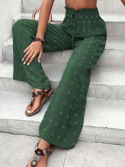 Pantalon taille haute ample avec cordon de serrage élastique en jacquard de couleur unie 