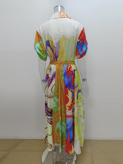 Loose Asymmetric Printed Lapel Blouse + A-Line Drawstring Elasticity Skirt Two Pieces Set