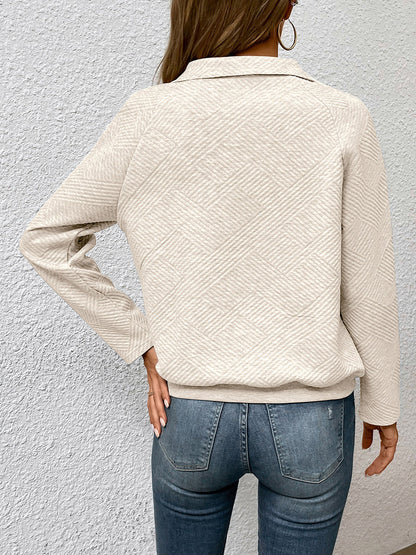 Textured Split-Joint Solid Color Pockets Buttoned Loose Long Sleeves Polo Sweatshirt Tops
