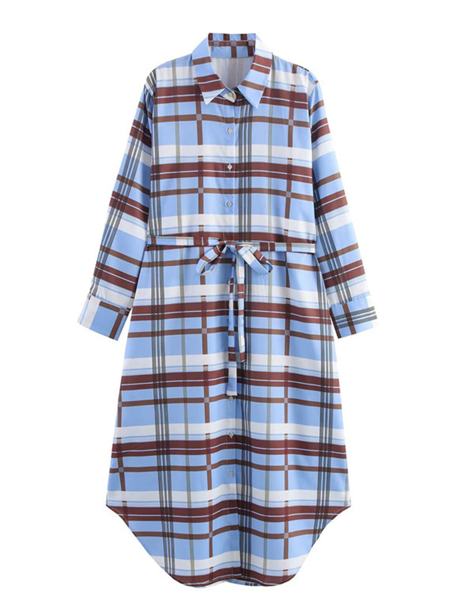 Tied Plaid Contrast Color Buttoned Loose Long Sleeves Lapel Midi Dresses