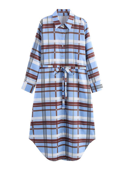 Tied Plaid Contrast Color Buttoned Loose Long Sleeves Lapel Midi Dresses