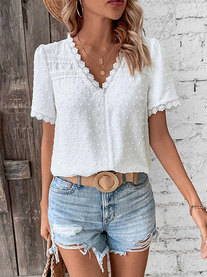 Loose Short Sleeves Jacquard Solid Color Split-Joint Textured V-Neck T-Shirts Tops