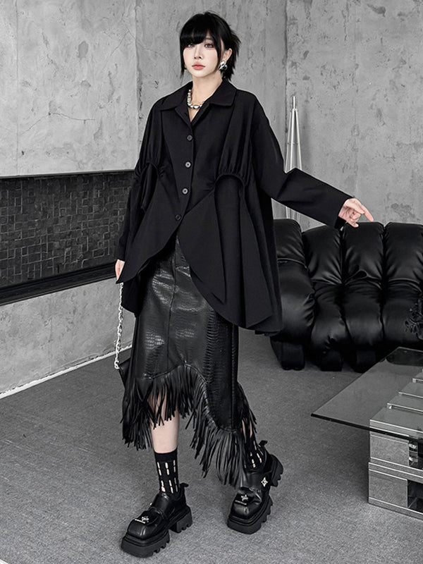 High-Low Irregularity Buttoned Pleated Solid Color Split-Joint Shirt Collar Blouses&Shirts Tops