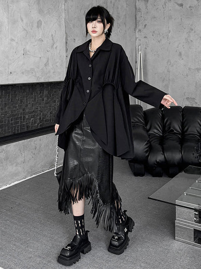 High-Low Irregularity Buttoned Pleated Solid Color Split-Joint Shirt Collar Blouses&Shirts Tops