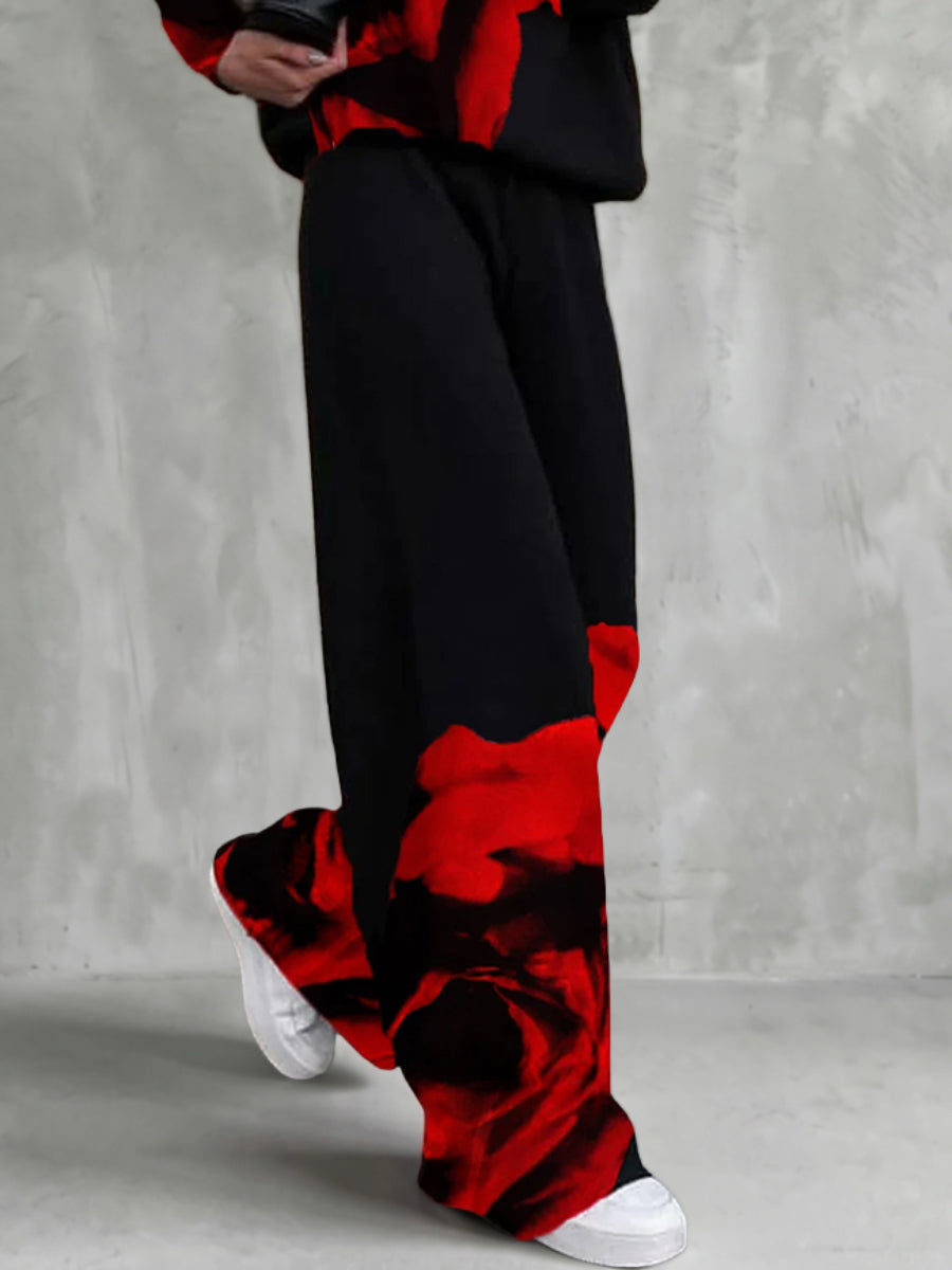 Pockets Flower Print Contrast Color High Waisted Trousers Pants
