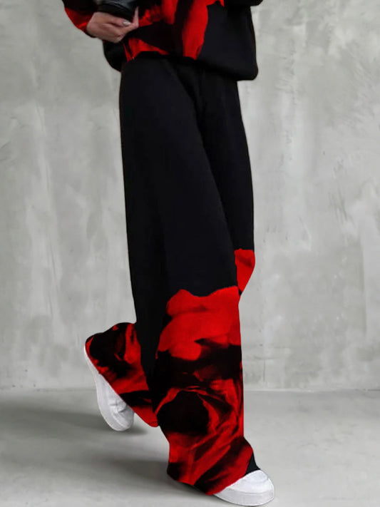 Pockets Flower Print Contrast Color High Waisted Trousers Pants