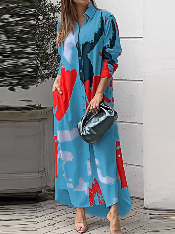 Lockeres, gewickeltes Hemdkleid mit Knöpfen, kontrastfarbenen Taschen, bedrucktem Schlitz an der Seite 
