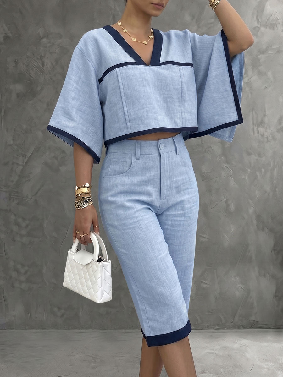 Contrast Color Cropped Batwing Sleeves V-Neck Blouses&Shirts Tops + Buttoned No Belt Pockets Cropped Trousers Two Pieces Set