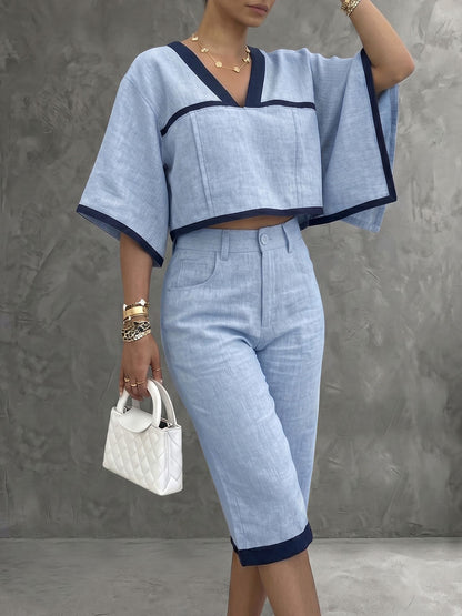 Contrast Color Cropped Batwing Sleeves V-Neck Blouses&Shirts Tops + Buttoned No Belt Pockets Cropped Trousers Two Pieces Set