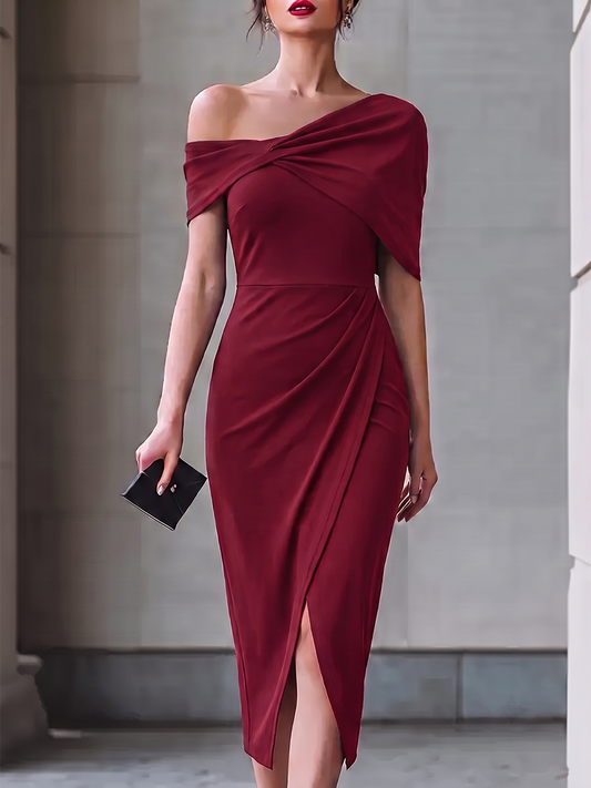 Split-front Solid Color Backless Short Sleeves Plus Size One-shoulder Midi Dresses