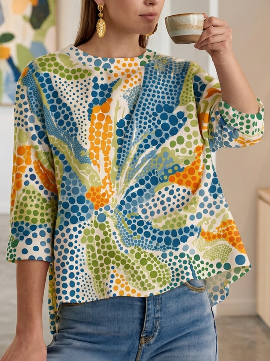 High-Low Loose Contrast Color Printed Round-Neck T-Shirts Tops