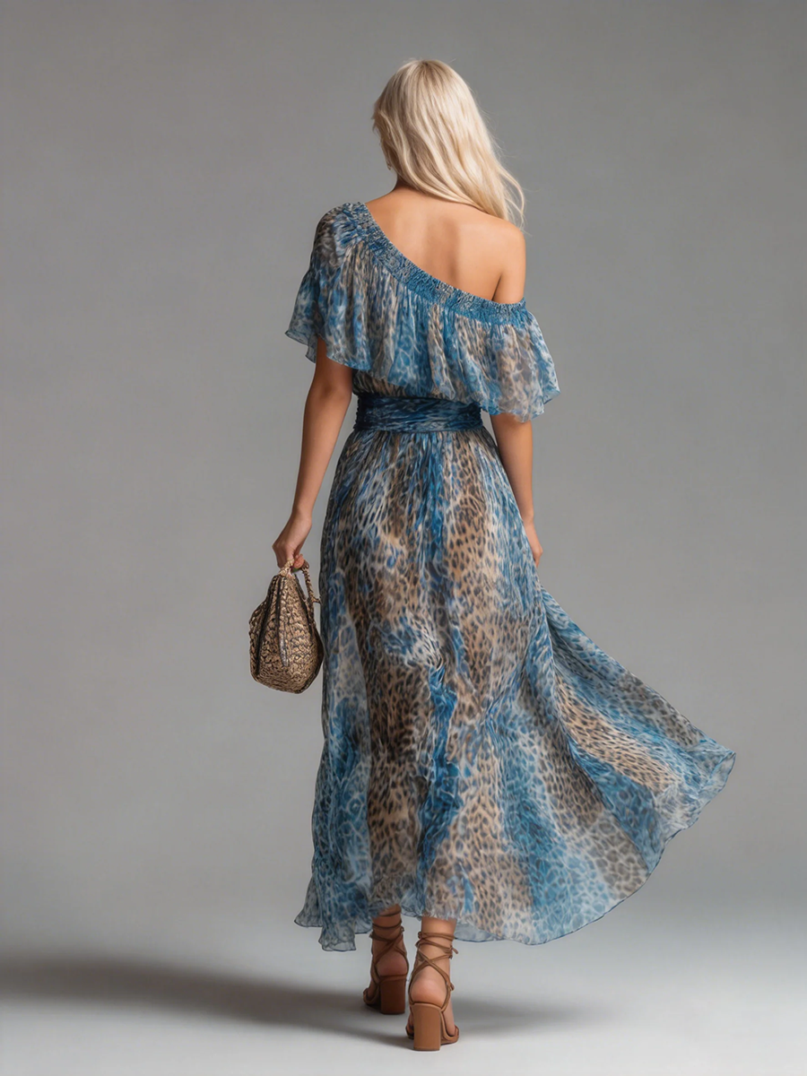 A-Line High Waisted Contrast Color Elasticity Leopard One-Shoulder Maxi Dresses