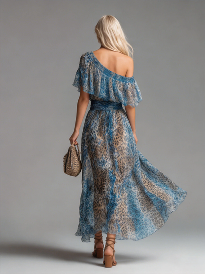 A-Line High Waisted Contrast Color Elasticity Leopard One-Shoulder Maxi Dresses