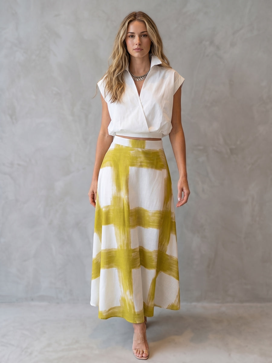 Buttoned Lapel Solid Color Blouses&Shirts Tops + Contrast Color A-Line High Waisted Printed Skirts Bottoms Two Pieces Set