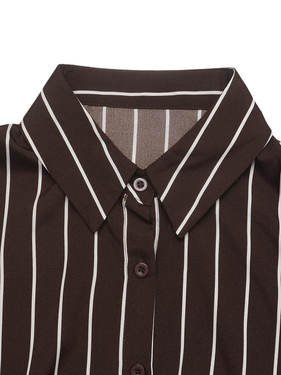 Striped Split-front Buttoned Belted Three-quarter Sleeves High Waisted Lapel Shirt Dress Maxi Dresses