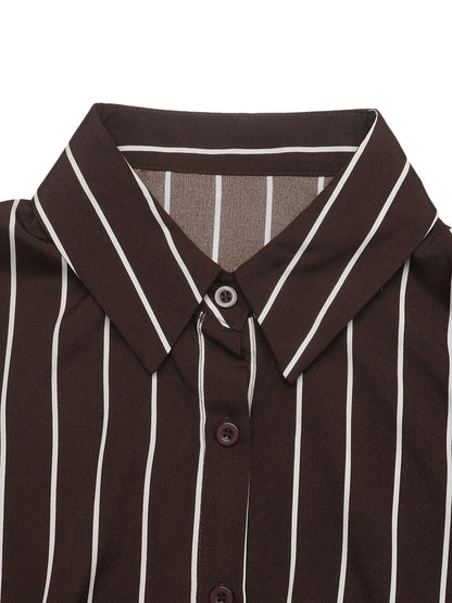 Striped Split-front Buttoned Belted Three-quarter Sleeves High Waisted Lapel Shirt Dress Maxi Dresses