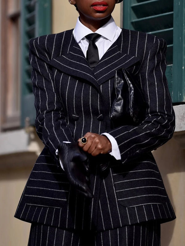 Long Sleeves Loose Buttoned Contrast Color Pockets Striped Notched Collar Blazer Outerwear