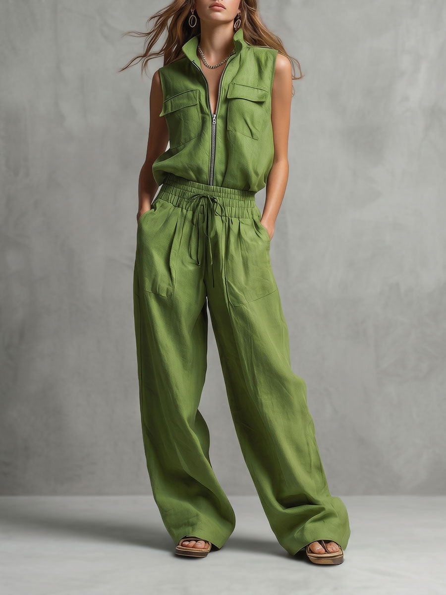 High Waisted Wide Leg Elasticity Pockets Solid Color Tied Waist Pants Trousers