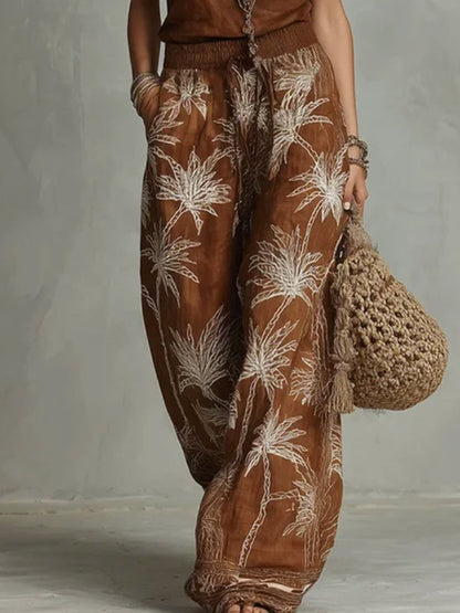 Loose Wide Leg Contrast Color Drawstring Elasticity Pockets Printed Pants Trousers