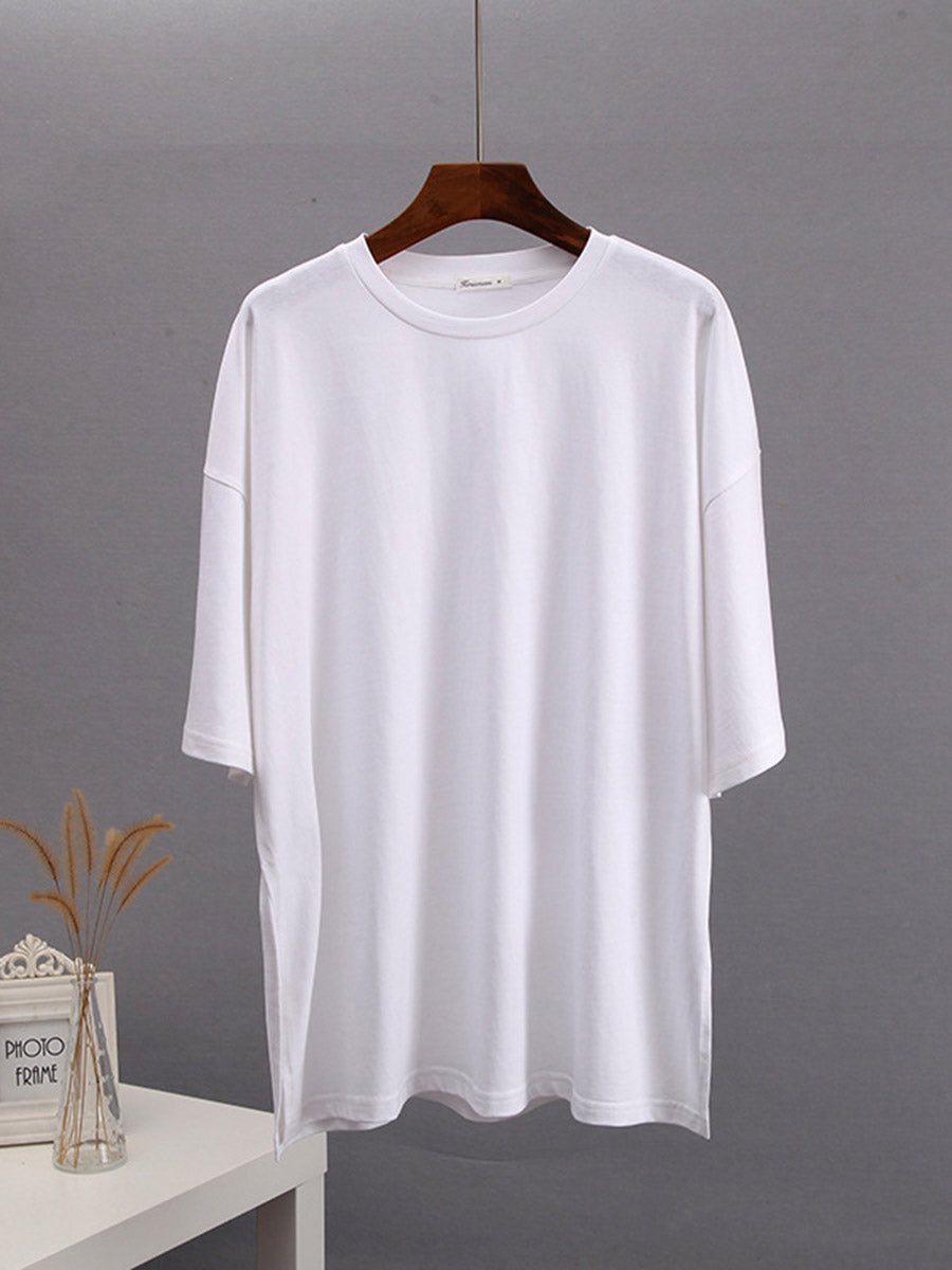 Loose Short Sleeves Solid Color Split-Side Round-Neck T-Shirts Tops