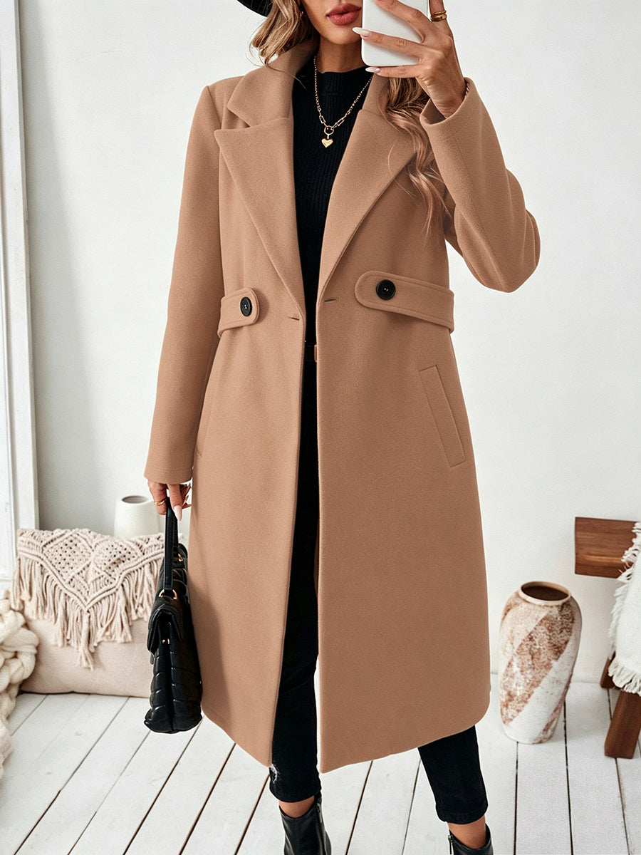 Solid Color Pockets Buttoned Loose Long Sleeves Notched Collar Woolen Coat