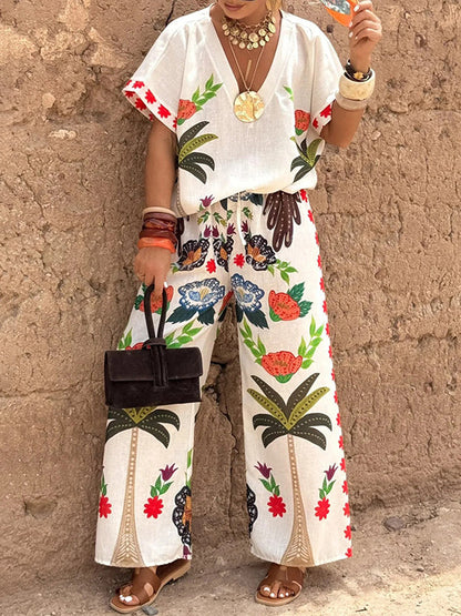 High Waisted Loose Drawstring Elasticity Printed Split-Joint Pants Trousers